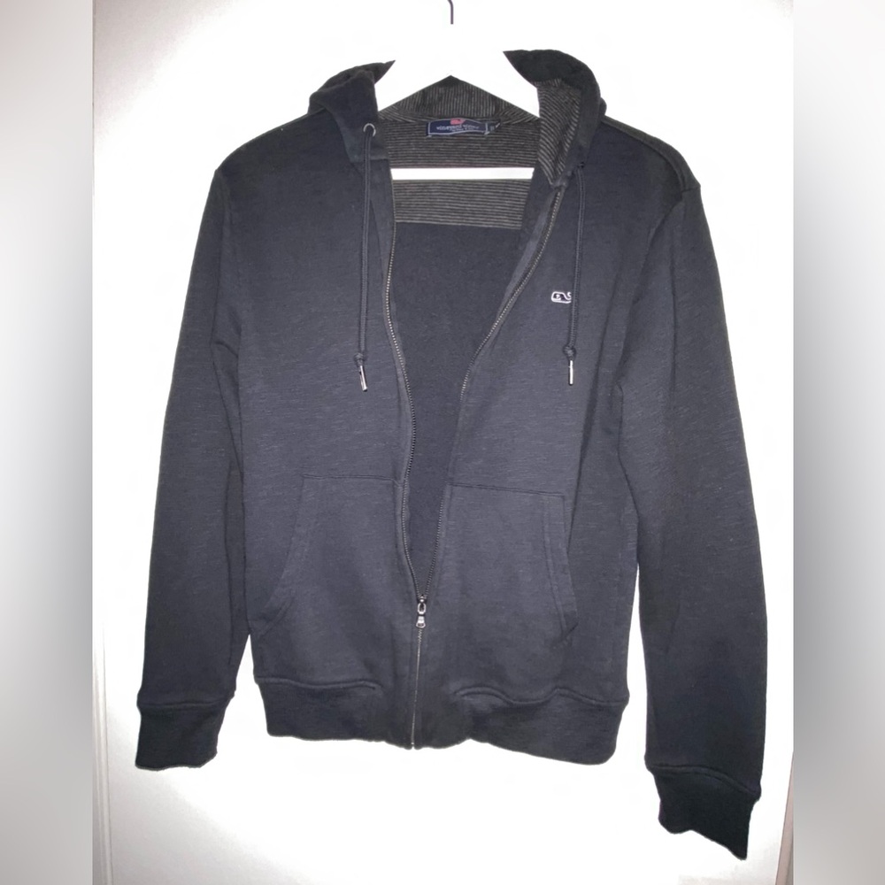 Vineyard Vines XS Black zip front Hoodie sweatshirt whale logo soft preowned